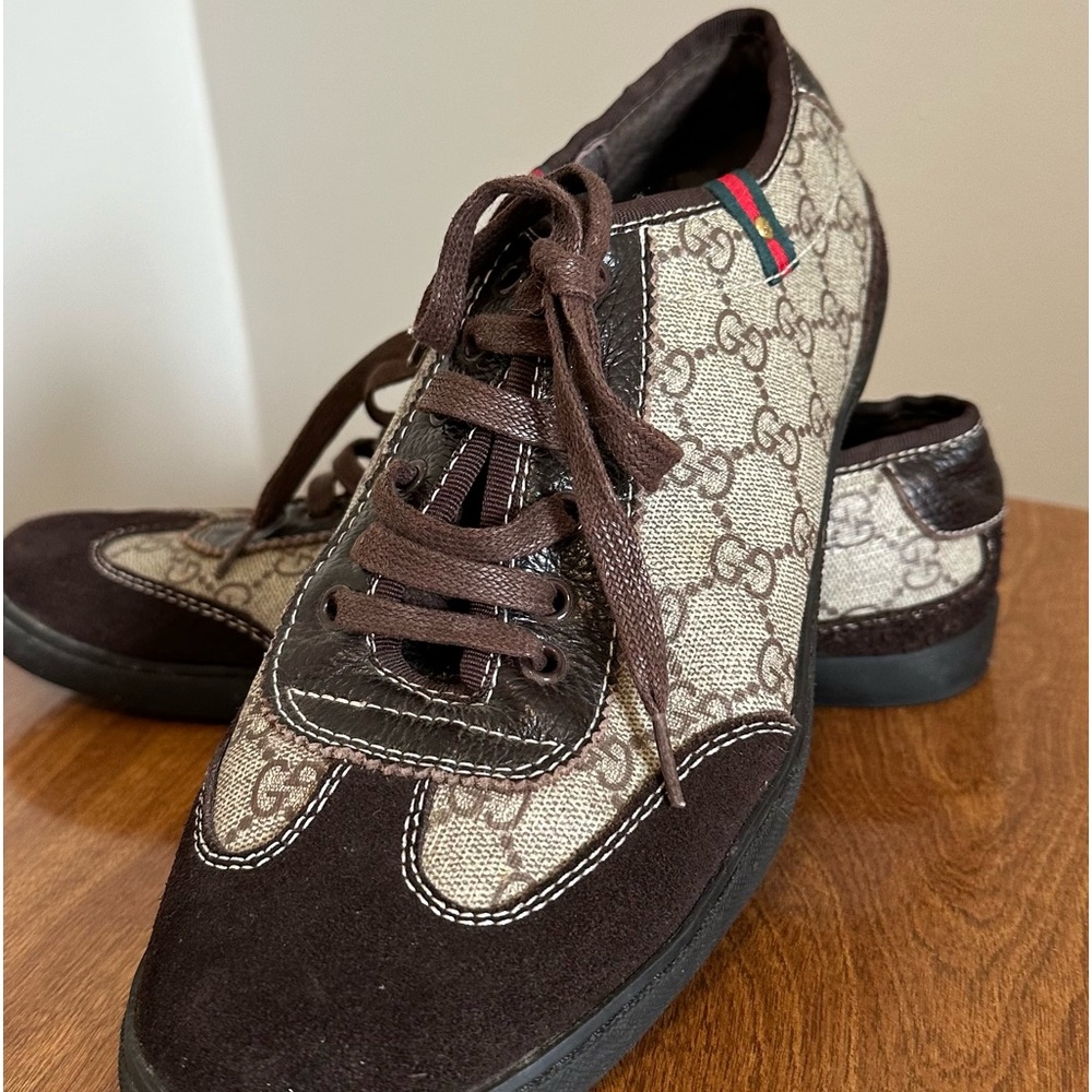 Gucci Trainers Sneaker Shoes Monogram Low Top Canvas Mens EU 44 Brown